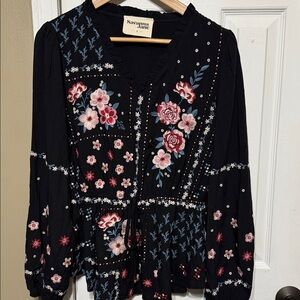 Embroidered Black Boho Top Blue Pink Floral Embroidery Long Sleeves Large